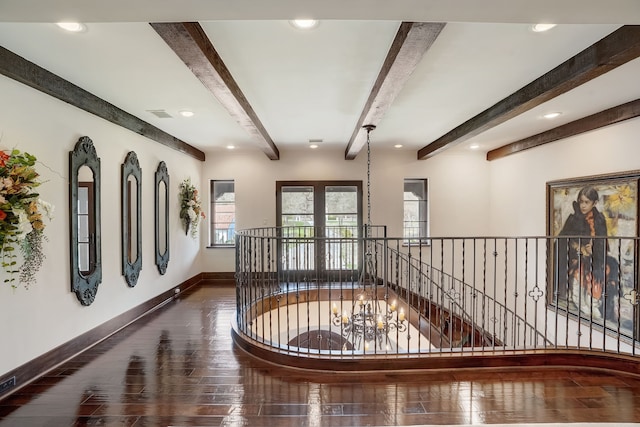 7519 Red Bay Cir, Magnolia, TX 77354 - hallway featuring beam ceiling, an upstairs landing, hardwood / wood-style flooring, baseboards, and recessed lighting
