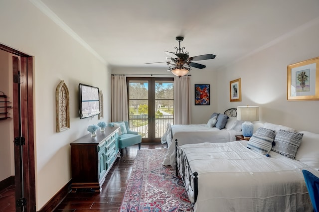 7519 Red Bay Cir, Magnolia, TX 77354 - bedroom with access to outside, dark wood finished floors, ornamental molding, baseboards, and ceiling fan