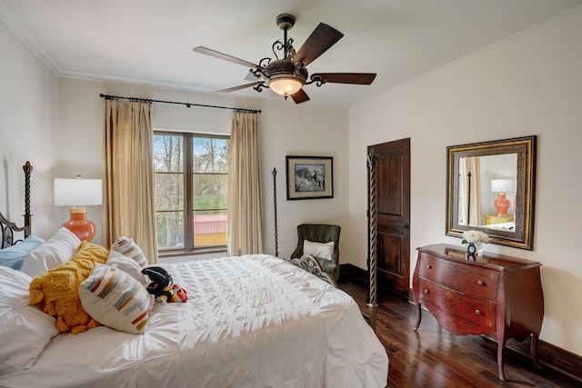 7519 Red Bay Cir, Magnolia, TX 77354 - bedroom with dark wood-style floors, ornamental molding, a ceiling fan, and baseboards
