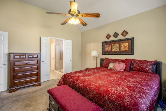 18720 Serenity Loch Dr, Spring, TX 77379 - bedroom featuring light carpet, high vaulted ceiling, and ceiling fan