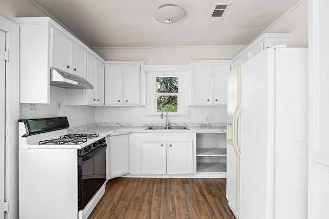 111 Conroe Dr, Conroe, TX 77301 - kitchen featuring white refrigerator with ice dispenser, gas range, a sink, under cabinet range hood, and white cabinetry