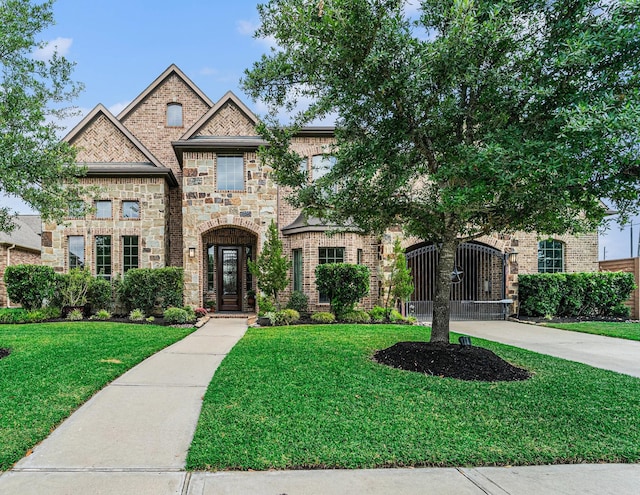 21806 W Firemist Ct, Cypress, TX 77433 - french country inspired facade featuring a front lawn, stone siding, and brick siding