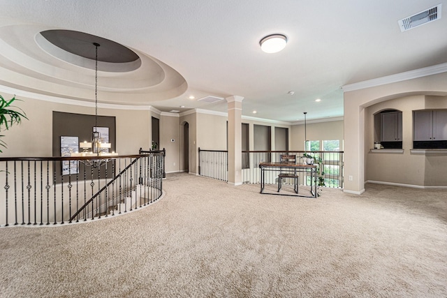 21806 W Firemist Ct, Cypress, TX 77433 - hallway with an upstairs landing, crown molding, carpet flooring, baseboards, and recessed lighting
