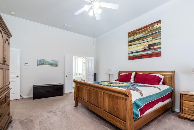 11510 Maple Falls Dr, Tomball, TX 77377 - bedroom featuring light carpet, ornamental molding, a ceiling fan, baseboards, and ensuite bathroom