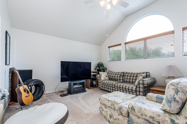 11510 Maple Falls Dr, Tomball, TX 77377 - living room featuring carpet floors, vaulted ceiling, ceiling fan, and baseboards