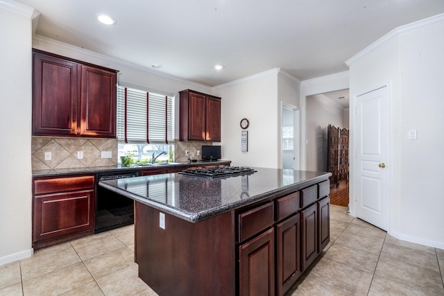 11510 Maple Falls Dr, Tomball, TX 77377 - kitchen with black appliances, light tile patterned floors, tasteful backsplash, a sink, and ornamental molding