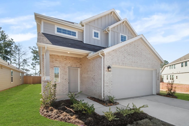 1106 Kinsey Wilderness Ln, Conroe, TX 77301 - craftsman-style house with board and batten siding, concrete driveway, brick siding, and a garage