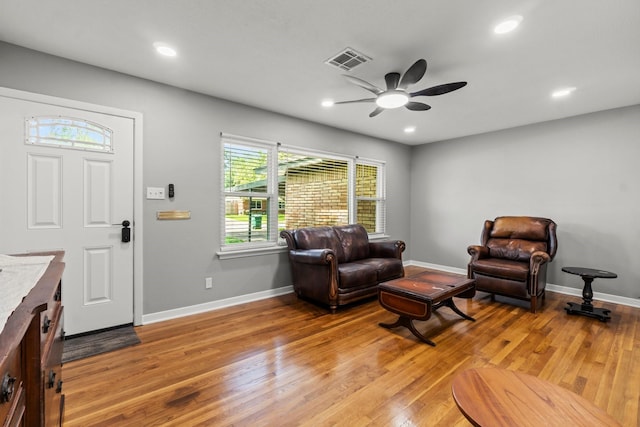 5202 Libbey Ln, Houston, TX 77092 - living room featuring ceiling fan, light wood-type flooring, baseboards, and recessed lighting