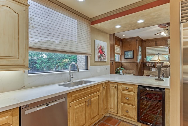 8800 Woodway Dr Unit 12, Houston, TX 77063 - kitchen with beverage cooler, stainless steel dishwasher, a sink, tasteful backsplash, and a ceiling fan