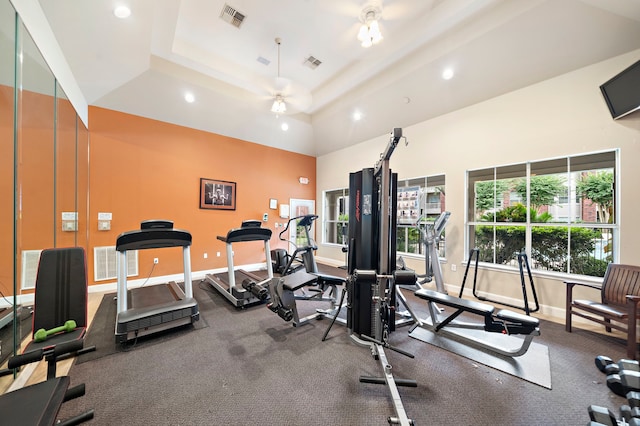 1330 Old Spanish Trl Unit 5203, Houston, TX 77054 - workout area with baseboards, a raised ceiling, recessed lighting, and a ceiling fan