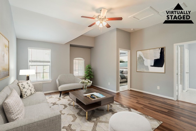 13516 Northline Lake Dr, Houston, TX 77044 - living room with wood finished floors, attic access, a ceiling fan, and baseboards