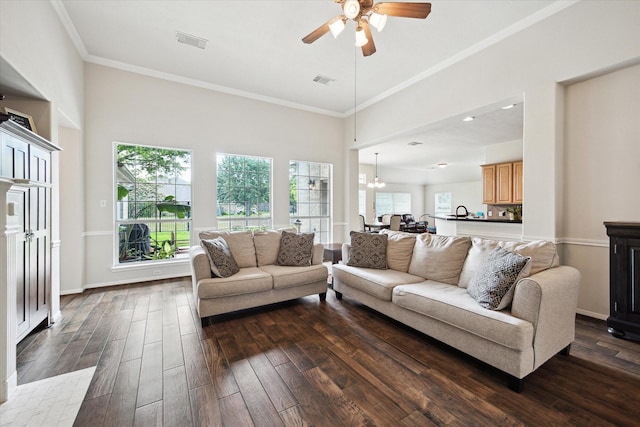 11318 Fawn Springs Ct, Cypress, TX 77433 - living room with ceiling fan, dark wood-style floors, ornamental molding, and baseboards