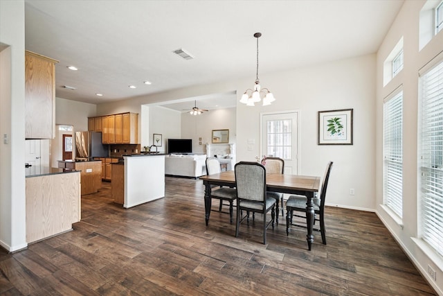 11318 Fawn Springs Ct, Cypress, TX 77433 - dining area featuring a ceiling fan, plenty of natural light, dark wood-style flooring, and recessed lighting