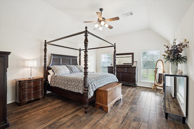11318 Fawn Springs Ct, Cypress, TX 77433 - bedroom featuring vaulted ceiling, dark wood-style floors, baseboards, and a ceiling fan