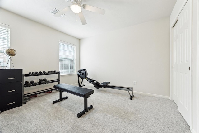11318 Fawn Springs Ct, Cypress, TX 77433 - exercise area featuring carpet flooring, a ceiling fan, and baseboards
