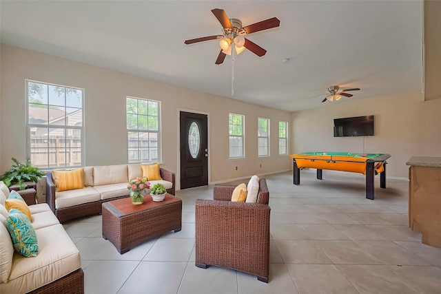 1010 Cheyenne Meadows Dr, Katy, TX 77450 - living room featuring a ceiling fan, pool table, plenty of natural light, vaulted ceiling, and light tile patterned flooring