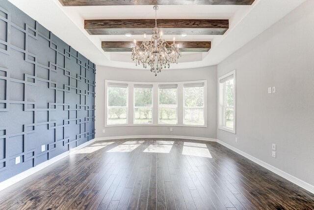 3650 Sage Hollow Dr, Spring, TX 77386 - empty room with a chandelier, baseboards, beam ceiling, and dark wood-style floors