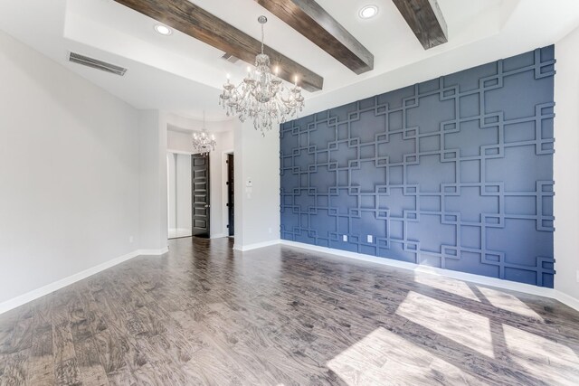 3650 Sage Hollow Dr, Spring, TX 77386 - unfurnished room with a chandelier, beam ceiling, baseboards, wood finished floors, and recessed lighting