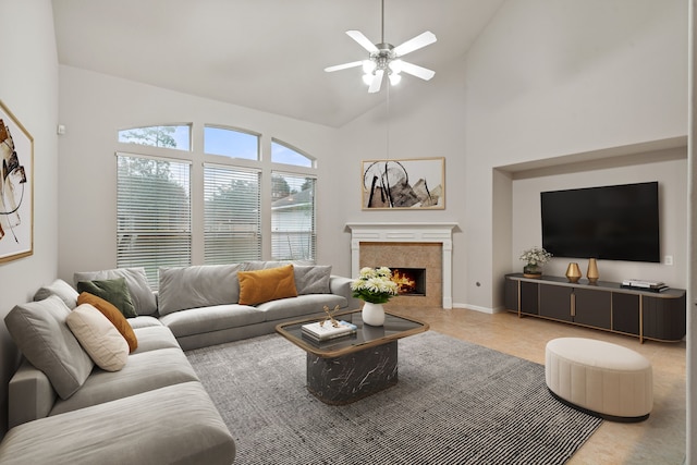 17426 Memorial Blossom Dr, Spring, TX 77379 - living room with ceiling fan, a fireplace, high vaulted ceiling, and tile patterned floors