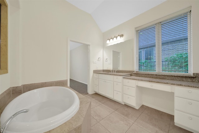 10938 Glenrothers Dr, Richmond, TX 77407 - full bathroom with a bath, vanity, lofted ceiling, and tile patterned floors