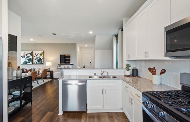 25319 Merino Dr, Magnolia, TX 77355 - kitchen with stainless steel appliances, a sink, open floor plan, a peninsula, and dark wood finished floors
