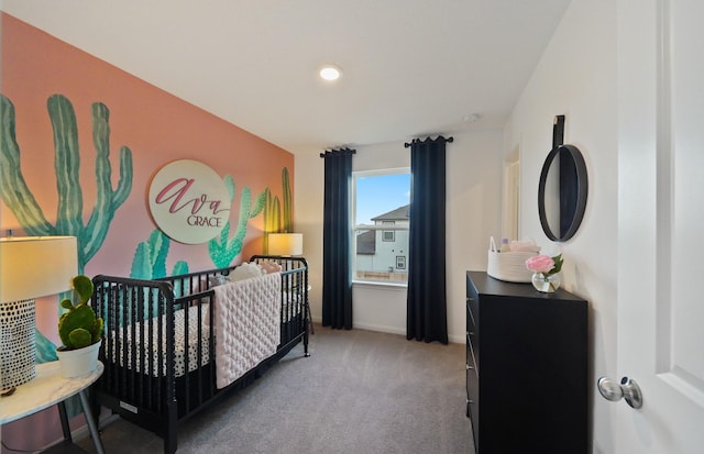 25319 Merino Dr, Magnolia, TX 77355 - carpeted bedroom with baseboards, a crib, and recessed lighting