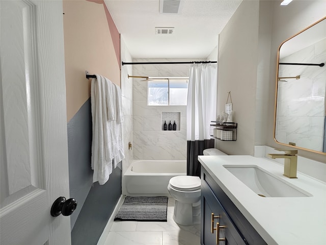 11810 Sagedowne Ln, Houston, TX 77089 - bathroom with marble look tile flooring, vanity, shower / tub combo with curtain, and toilet