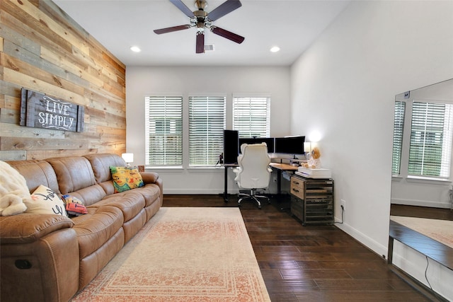 118 Grant Cove Dr, Montgomery, TX 77316 - office area featuring plenty of natural light, ceiling fan, wood walls, baseboards, and dark wood-style floors
