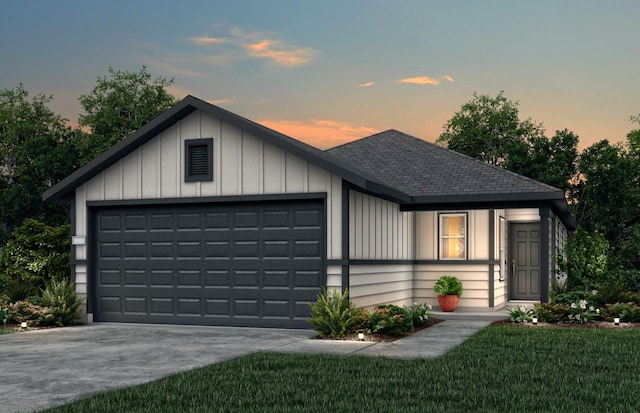 25323 Merino Dr, Magnolia, TX 77355 - single story home with a garage, board and batten siding, a shingled roof, concrete driveway, and a lawn