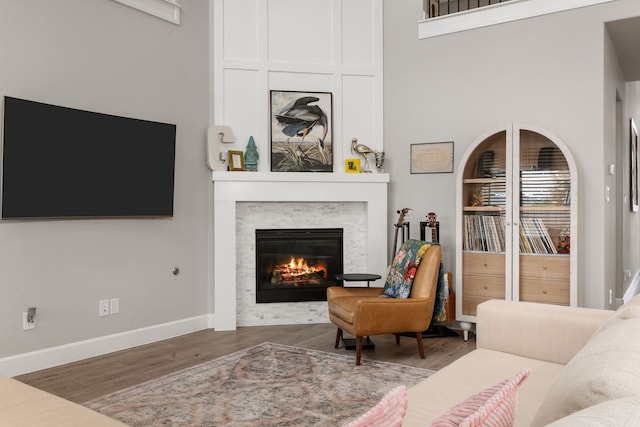 1918 Longcroft Ln, Katy, TX 77493 - living room featuring wood finished floors, a glass covered fireplace, baseboards, and a towering ceiling