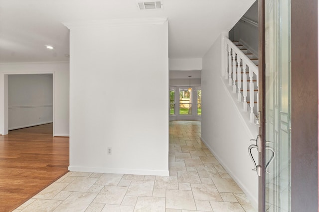 28 Silver Elm Pl, The Woodlands, TX 77381 - foyer with stairs, baseboards, ornamental molding, recessed lighting, and stone tile flooring