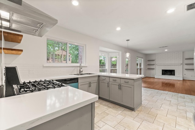 28 Silver Elm Pl, The Woodlands, TX 77381 - kitchen featuring gray cabinets, a sink, ventilation hood, light countertops, and dishwasher