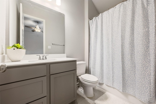 10522 Rigel Ridge Way, Richmond, TX 77406 - bathroom featuring toilet, vanity, tile patterned flooring, ceiling fan, and curtained shower
