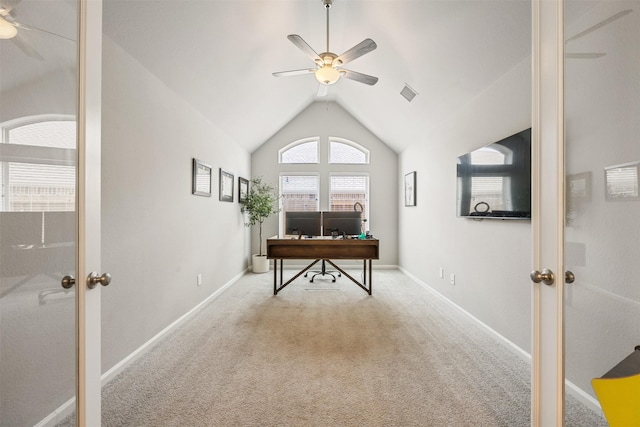 10522 Rigel Ridge Way, Richmond, TX 77406 - carpeted office featuring ceiling fan, french doors, vaulted ceiling, and baseboards