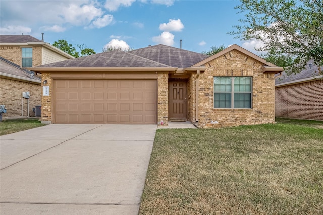 2026 Naplechase Crest Dr, Spring, TX 77373 - view of front of house featuring concrete driveway, an attached garage, brick siding, a front yard, and a shingled roof