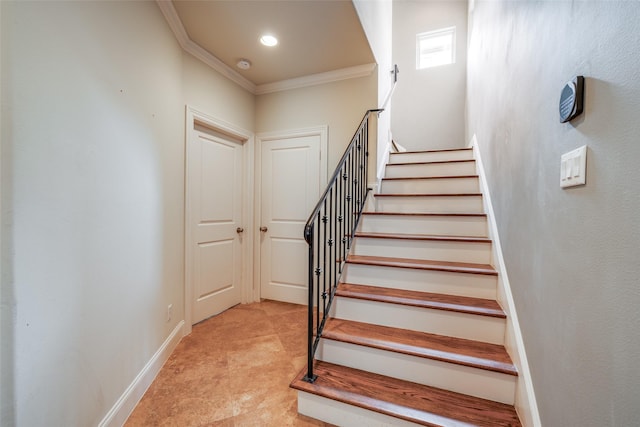 2915 Pease St, Houston, TX 77003 - stairway with ornamental molding, baseboards, and recessed lighting