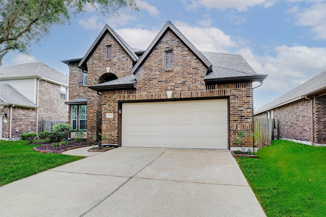4114 Elk Bluff Ln, Katy, TX 77494 - french country style house featuring brick siding, concrete driveway, a garage, and roof with shingles
