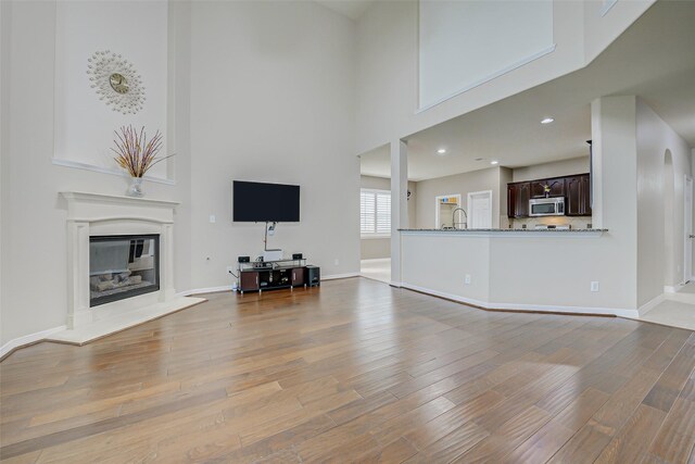 4114 Elk Bluff Ln, Katy, TX 77494 - living room featuring a towering ceiling, wood finished floors, a glass covered fireplace, and baseboards