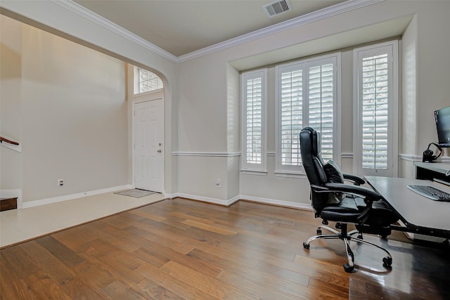 4114 Elk Bluff Ln, Katy, TX 77494 - office space featuring crown molding, plenty of natural light, wood finished floors, and baseboards