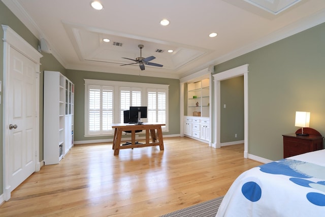 1132 Oxford St, Houston, TX 77008 - bedroom with ornamental molding, a desk, light wood finished floors, baseboards, and recessed lighting