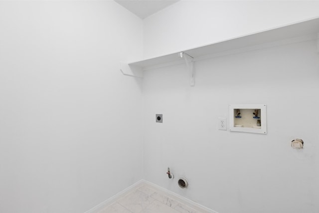 3901 Kimberly Dr, Pearland, TX 77581 - washroom featuring hookup for a gas dryer, hookup for a washing machine, light marble finish flooring, baseboards, and hookup for an electric dryer