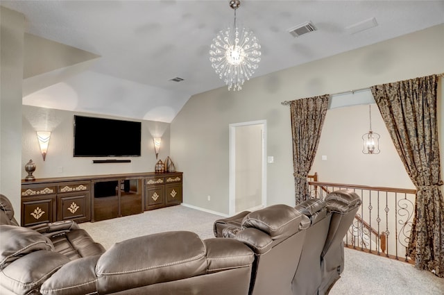 3807 Snead Ct, Sugar Land, TX 77479 - living area featuring carpet flooring, a chandelier, baseboards, and vaulted ceiling