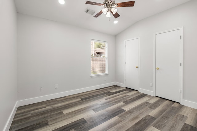 21606 Borah Peak Way, Katy, TX 77449 - unfurnished bedroom with recessed lighting, vaulted ceiling, baseboards, wood finished floors, and ceiling fan