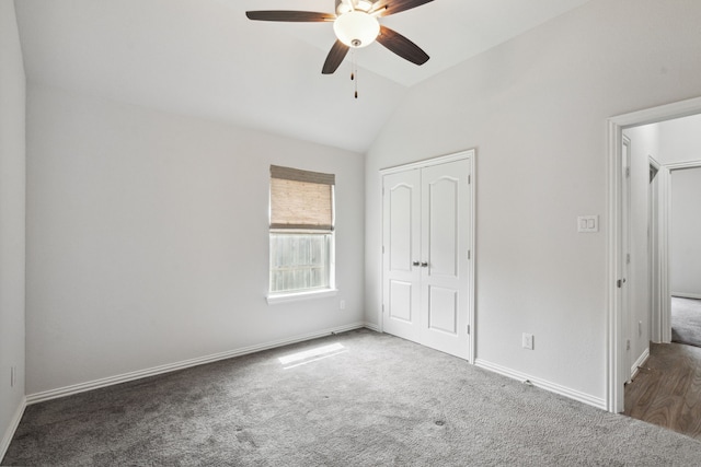 19218 Charisma Rose Ln, Tomball, TX 77377 - unfurnished bedroom featuring vaulted ceiling, carpet, a closet, baseboards, and a ceiling fan
