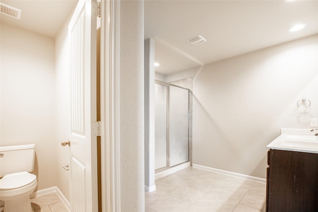 3518 Windham Way, Katy, TX 77494 - bathroom with vanity, toilet, a shower stall, tile patterned floors, and recessed lighting