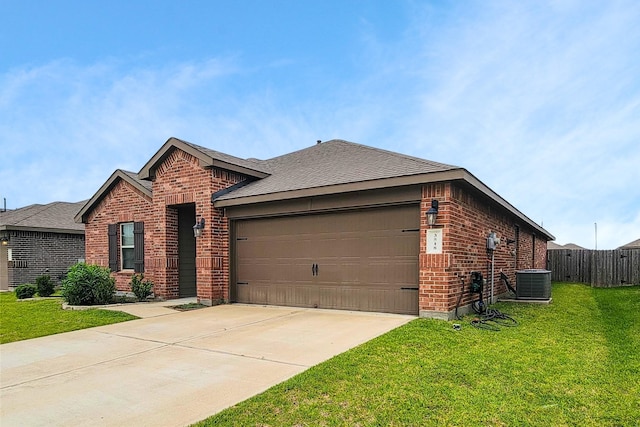 3518 Windham Way, Katy, TX 77494 - ranch-style home with brick siding, a garage, driveway, central AC unit, and roof with shingles