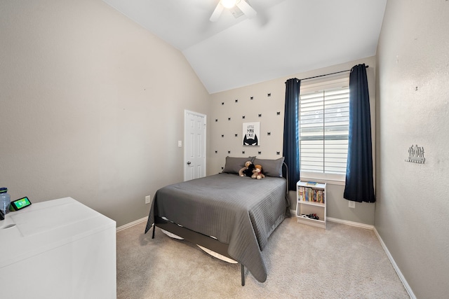 8442 Horsepen Bend Dr, Conroe, TX 77385 - carpeted bedroom featuring vaulted ceiling, baseboards, and a ceiling fan