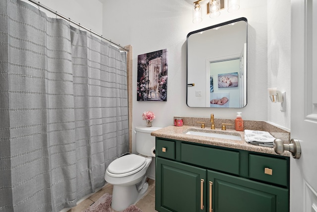 8442 Horsepen Bend Dr, Conroe, TX 77385 - bathroom featuring toilet, vanity, tile patterned flooring, and curtained shower