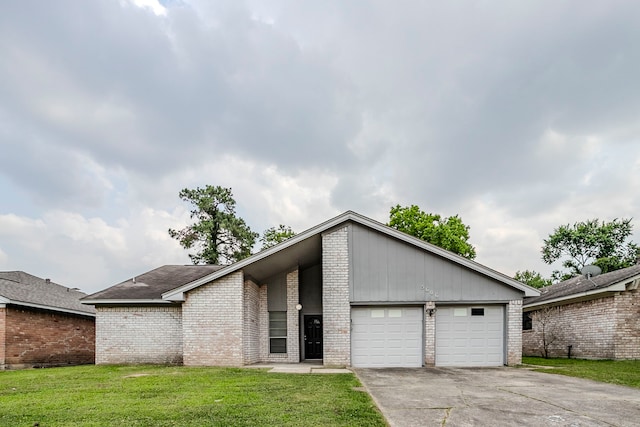 5606 Cypressgate Dr, Spring, TX 77373 - mid-century modern home featuring brick siding, a garage, a front yard, and concrete driveway