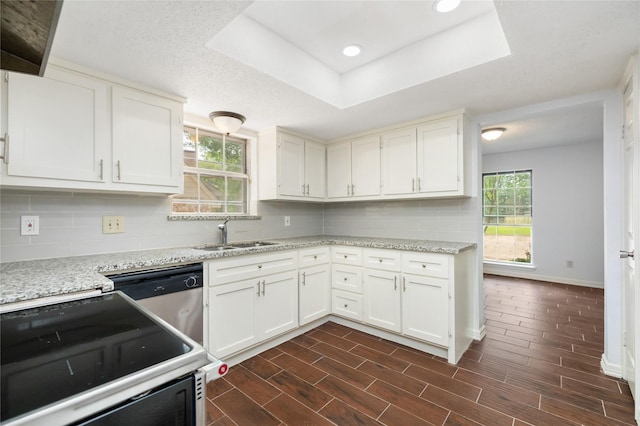 1003 Romaine Ln, Houston, TX 77090 - kitchen with electric range oven, stainless steel dishwasher, a sink, baseboards, and backsplash